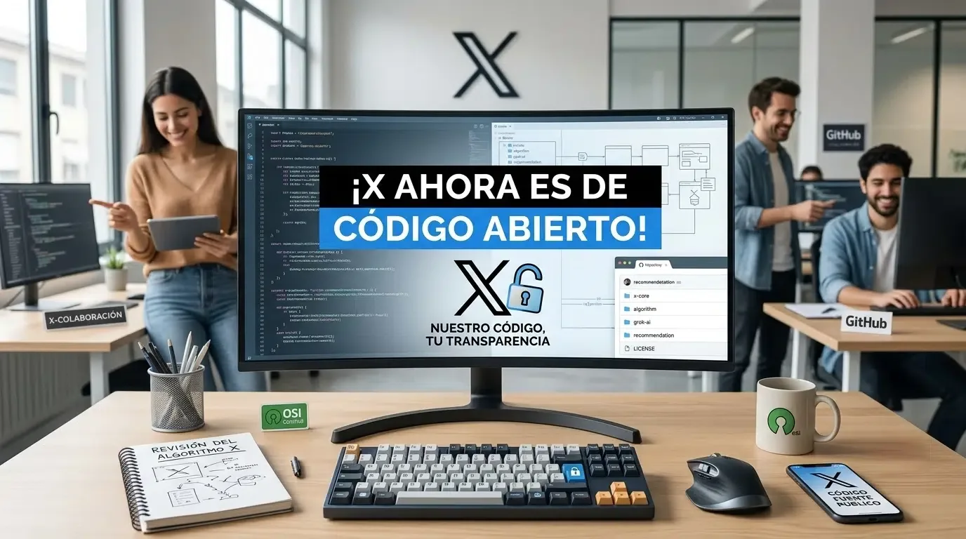 Logo de X con iconos de código abierto y candado abierto sobre fondo oscuro