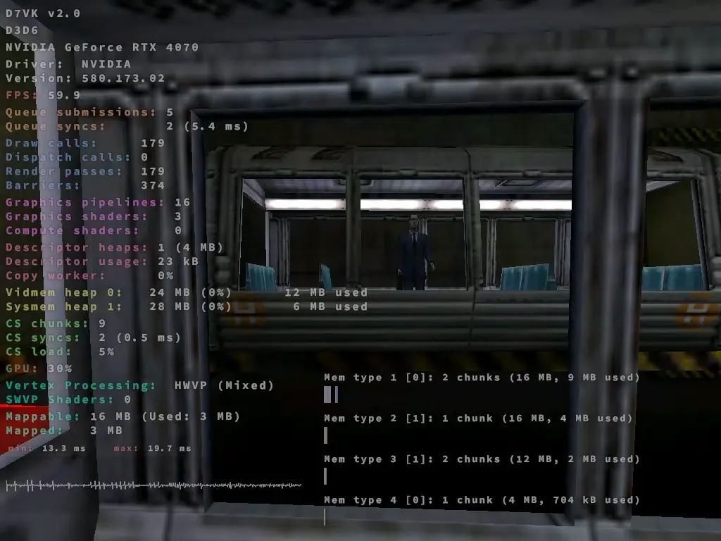 Captura de pantalla de un juego clásico corriendo con D7VK 2.0 en Linux mostrando mayor FPS