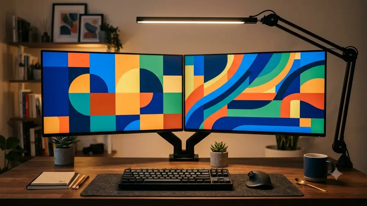 Dos monitores mostrando composiciones de rectángulos y curvas de color