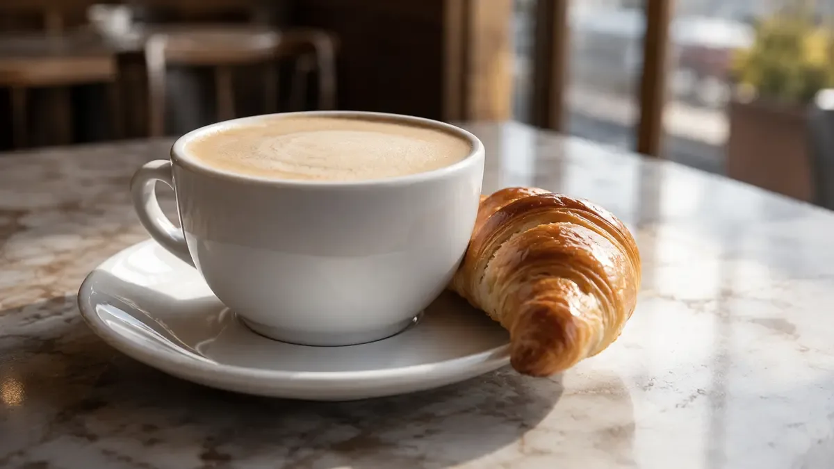 Taza de loza con café con leche espumoso y una medialuna al costado