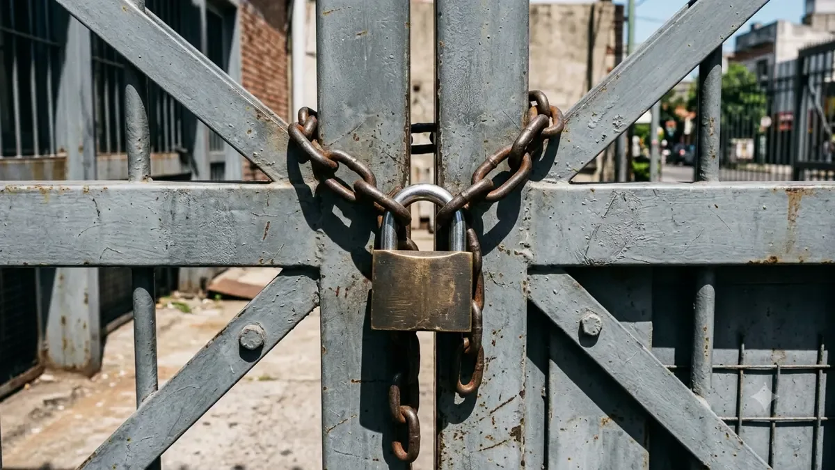 Candado grueso cerrando una cadena sobre una puerta metalica