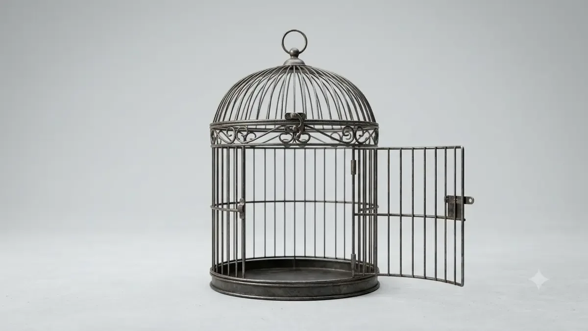 Jaula metalica vacia con la puerta abierta de par en par