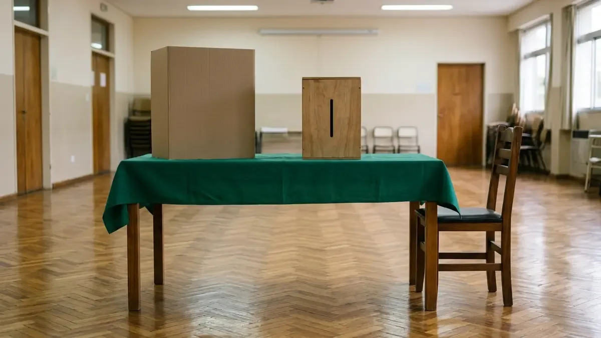Mesa de votación vacía con urna lisa y cancel de cartulina en blanco