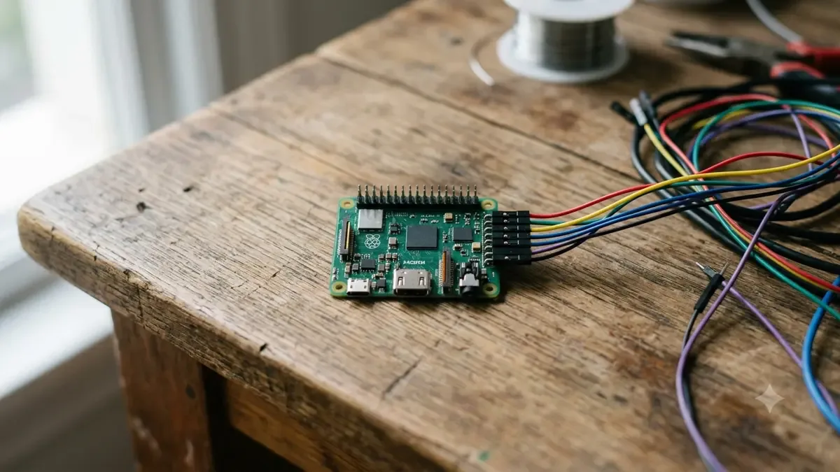 Placa de computadora del tamaño de una tarjeta con cables en sus pines