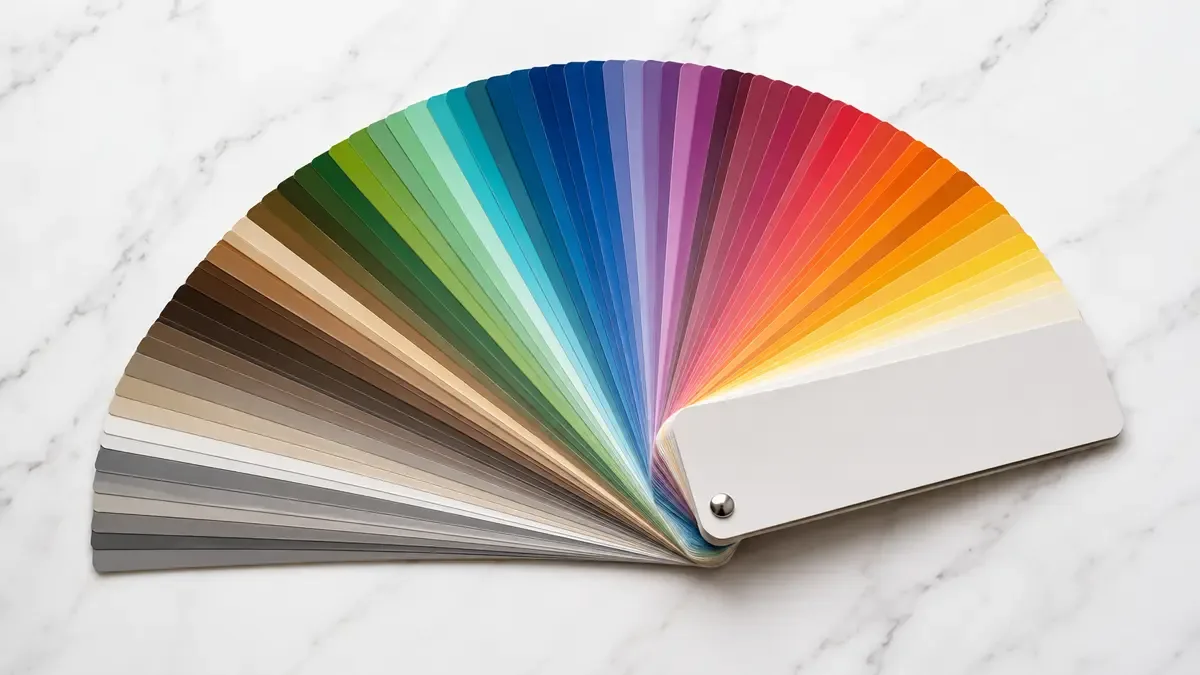 Muestrario de colores en abanico desplegado sobre una mesa blanca
