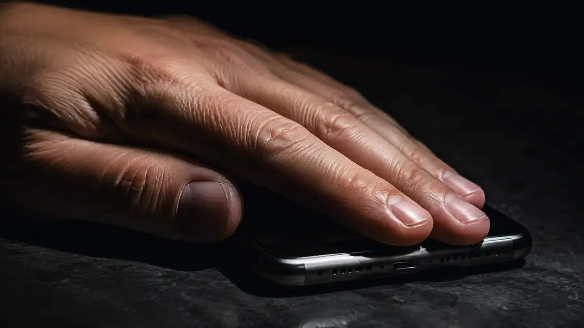 Mano cubriendo el microfono de un dispositivo apoyado en la mesa