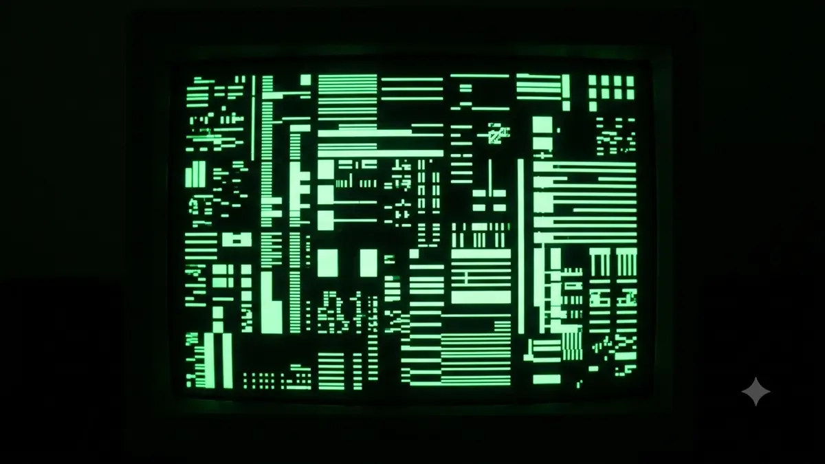 Monitor mostrando lineas y bloques verdes sobre fondo negro