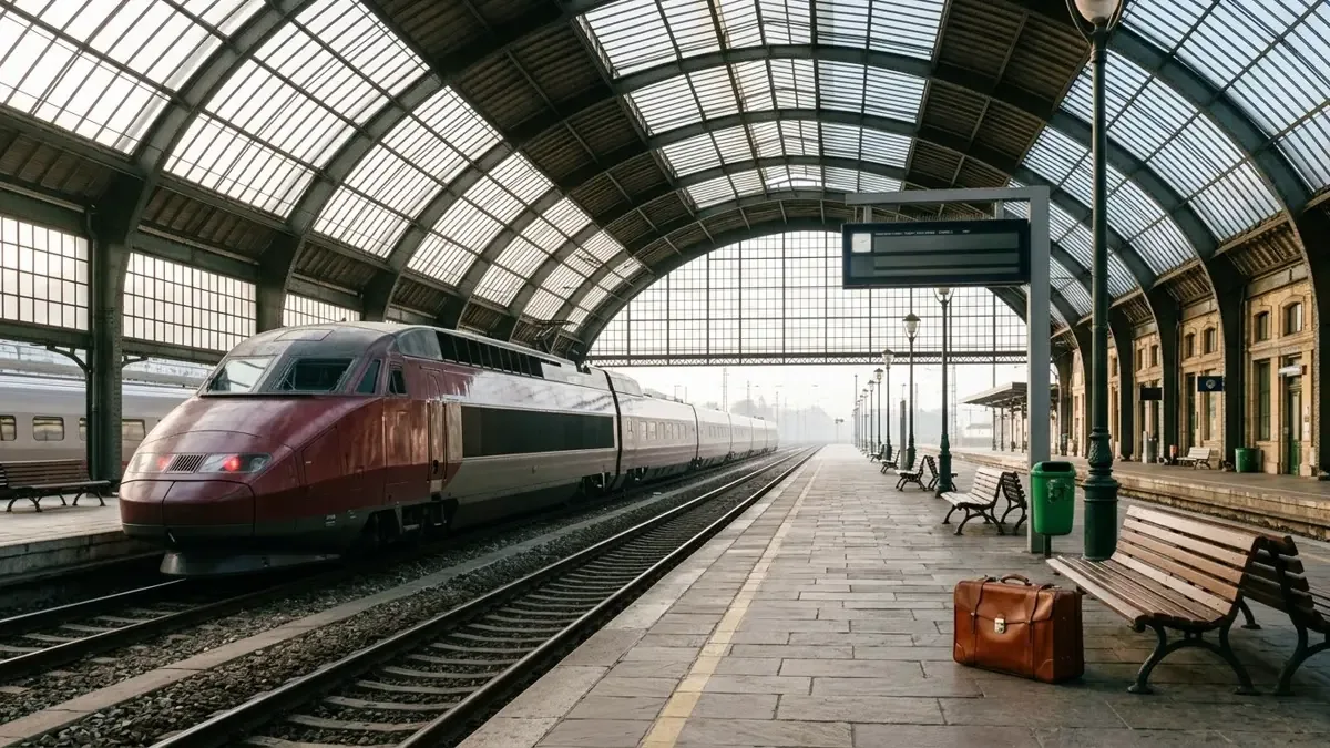 Andén de estación europea con un tren detenido y una valija junto a un banco
