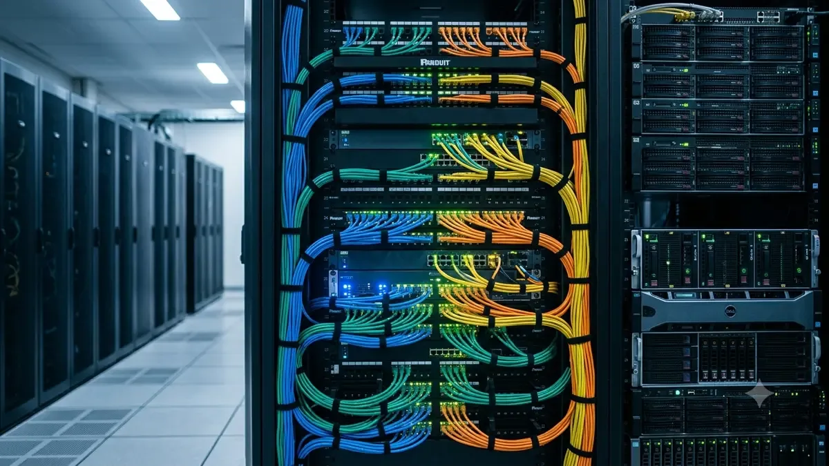 Rack de servidores con cables ordenados y luces led